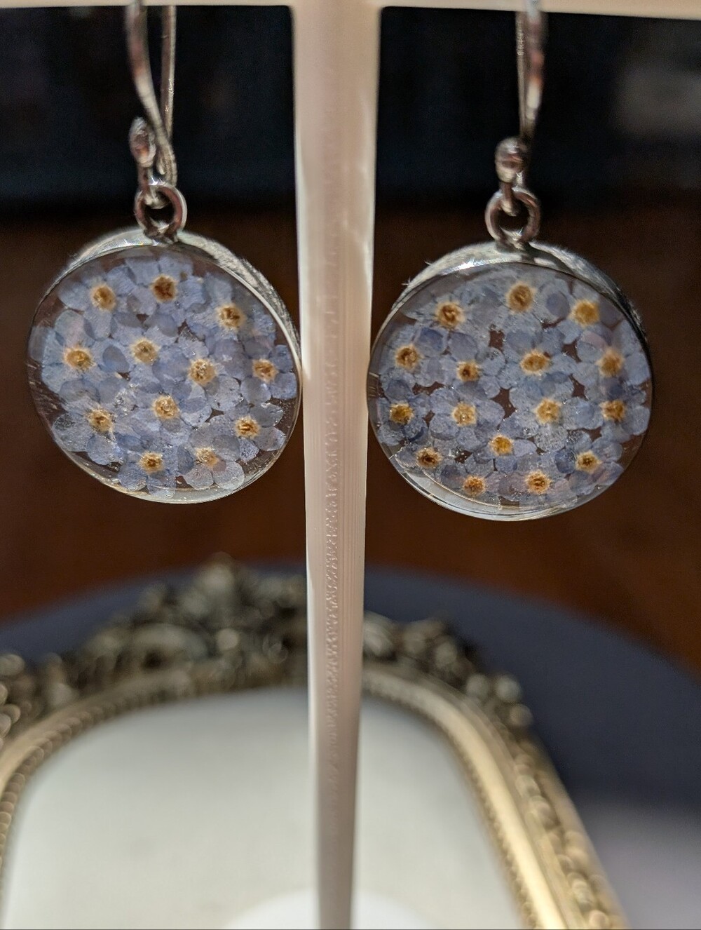 🌸 Mexico Sterling Silver Pressed Flower Glass Dangle Earrings